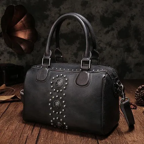 Black Vintage Ladies Leather Rivet Boston Handbag Purse Brown Shoulder Handbag for Women