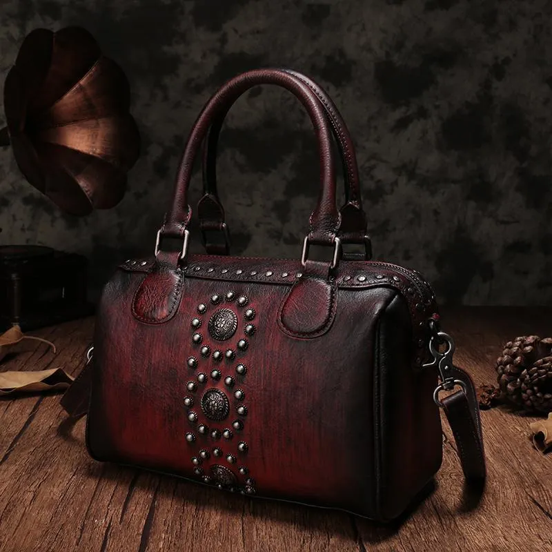 Black Vintage Ladies Leather Rivet Boston Handbag Purse Brown Shoulder Handbag for Women