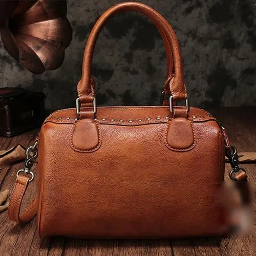 Black Vintage Ladies Leather Rivet Boston Handbag Purse Brown Shoulder Handbag for Women