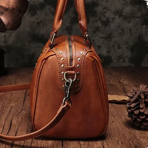 Black Vintage Ladies Leather Rivet Boston Handbag Purse Brown Shoulder Handbag for Women