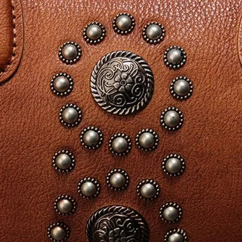 Black Vintage Ladies Leather Rivet Boston Handbag Purse Brown Shoulder Handbag for Women