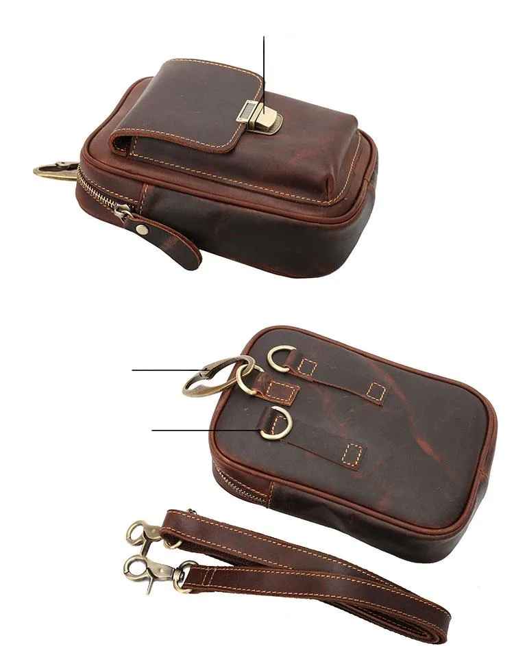 Black Vintage Leather Mens Mini Messenger Bag Waist Bag Dark Brown Belt Pouch Bag For Men