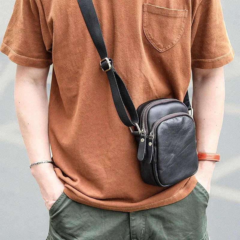 Black Vintage Leather Mens Small MIni Postman Shoulder Bag Phone Messenger Bag For Men