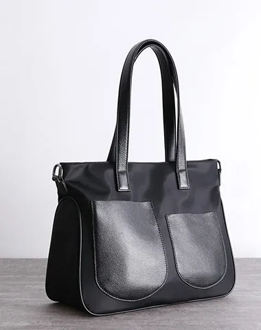 Black Womens Nylon Leather Shopper Totes Womens Nylon Shoulder Tote Black Nylon Handbag Purse for Ladies