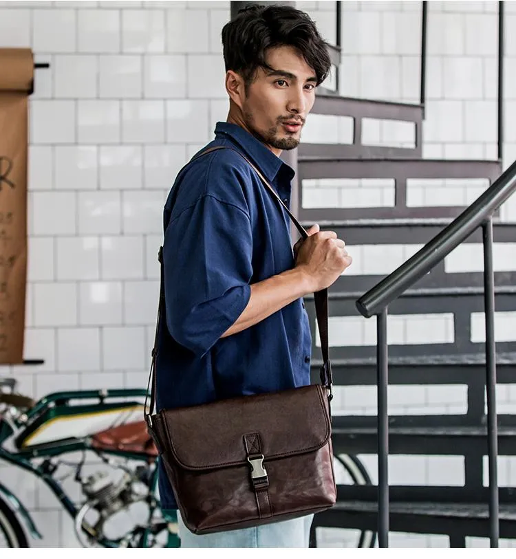 Black Wrinkled Leather Mens Small Side Bag Messenger Bags Brown Courier Bag Bicycle Bags for Men