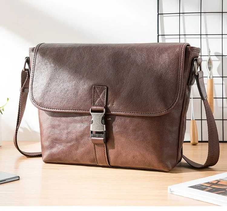 Black Wrinkled Leather Mens Small Side Bag Messenger Bags Brown Courier Bag Bicycle Bags for Men