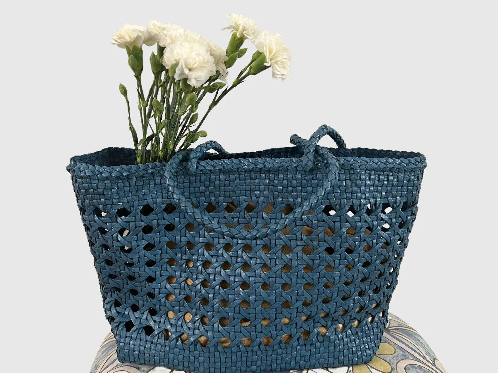 Blue Genuine Leather Hand Woven Cuboid Shaped Ladies TOTE, Open Rattan Woven Triple Jump Bamboo Ladies Hobo Holiday Bag, Beach Basket Bag