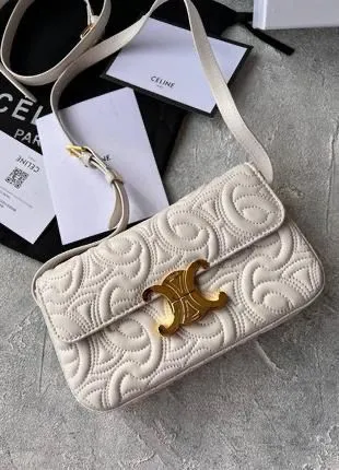 Celine Triomphe Shoulder Bag in Quilted Triomphe Lambskin (White)