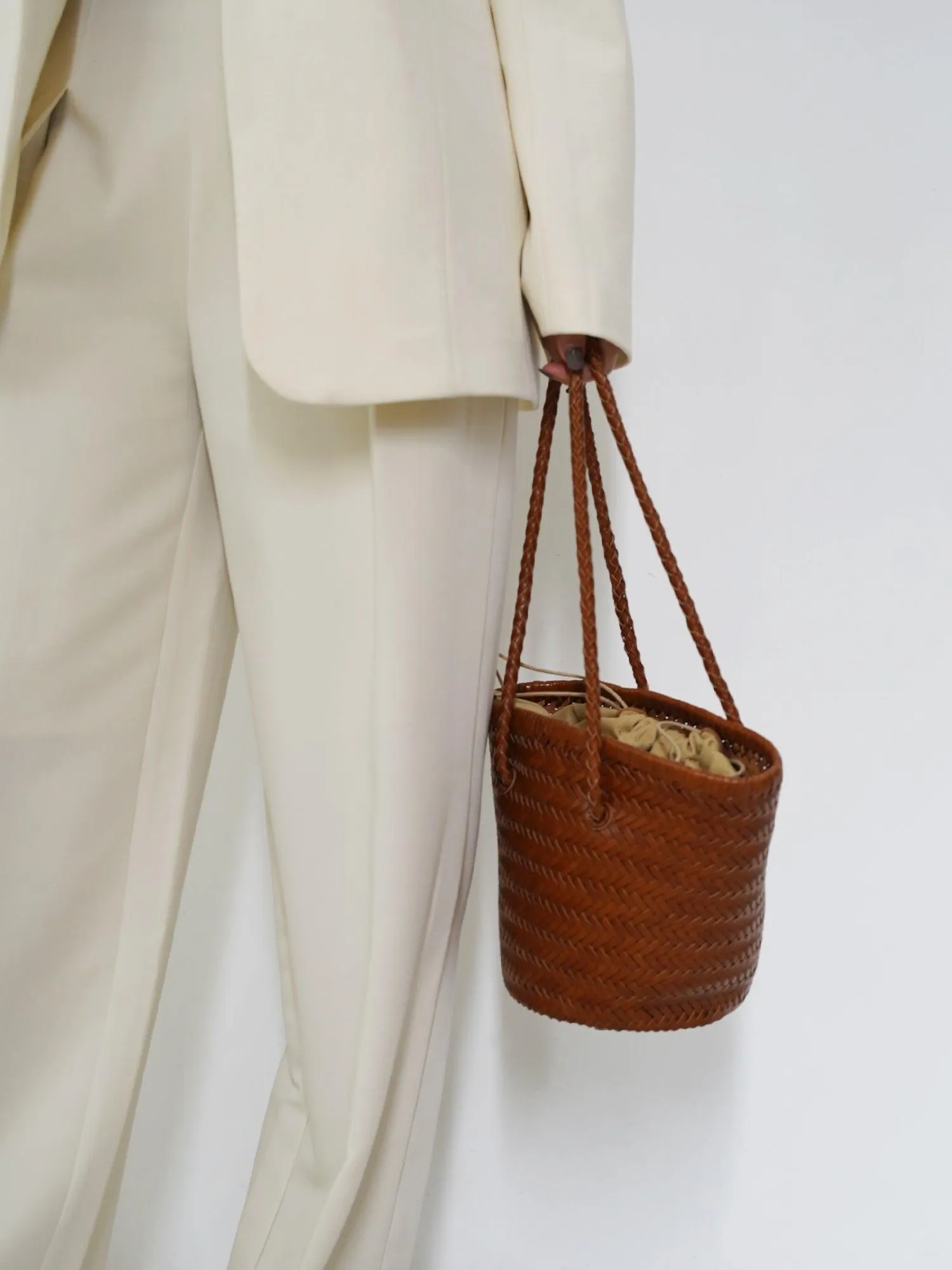 Cowhide Leather Hand Woven Bucket Bag | Open Rattan Woven Triple Jump Bamboo Ladies Hobo Holiday Bag | Weekend Basket Bag | Small Beach Bag