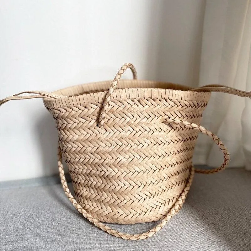 Cowhide Leather Hand Woven Bucket Bag | Open Rattan Woven Triple Jump Bamboo Ladies Hobo Holiday Bag | Weekend Basket Bag | Small Beach Bag