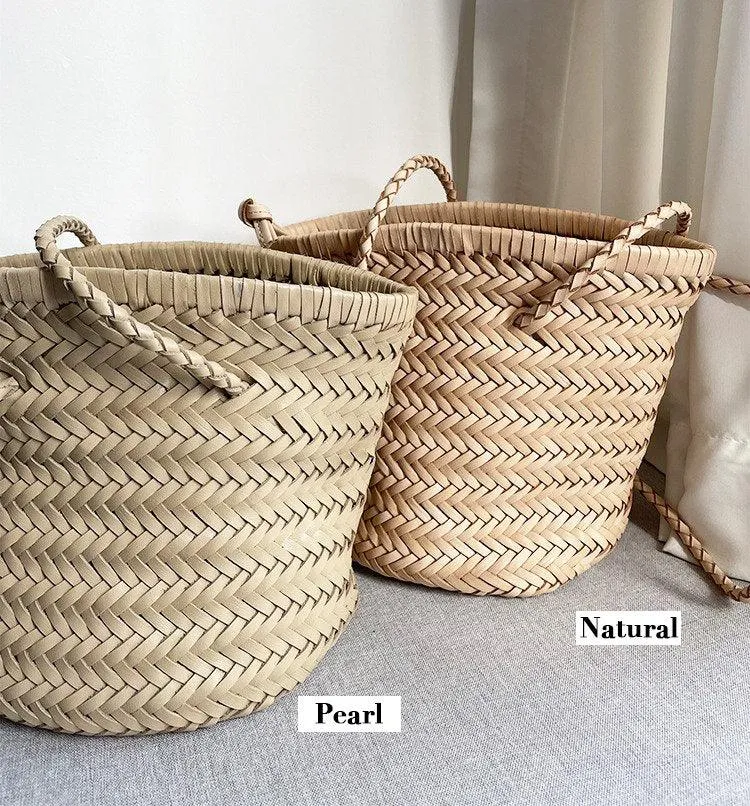 Cowhide Leather Hand Woven Bucket Bag | Open Rattan Woven Triple Jump Bamboo Ladies Hobo Holiday Bag | Weekend Basket Bag | Small Beach Bag