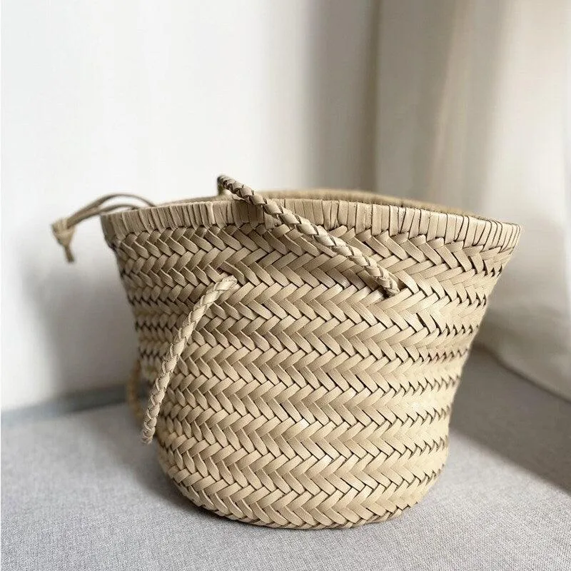 Cowhide Leather Hand Woven Bucket Bag | Open Rattan Woven Triple Jump Bamboo Ladies Hobo Holiday Bag | Weekend Basket Bag | Small Beach Bag