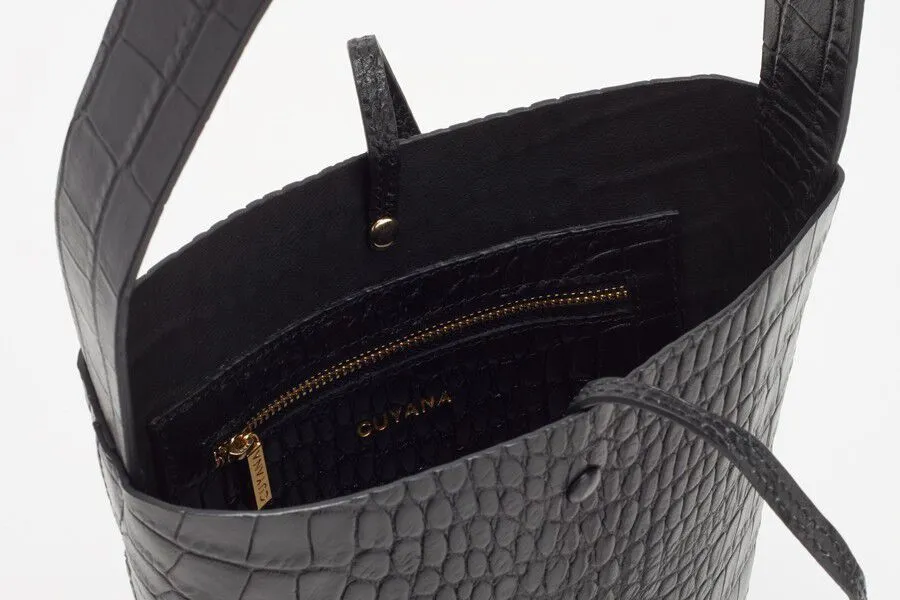 Croc-Embossed Wide Strap Mini Bucket Bag