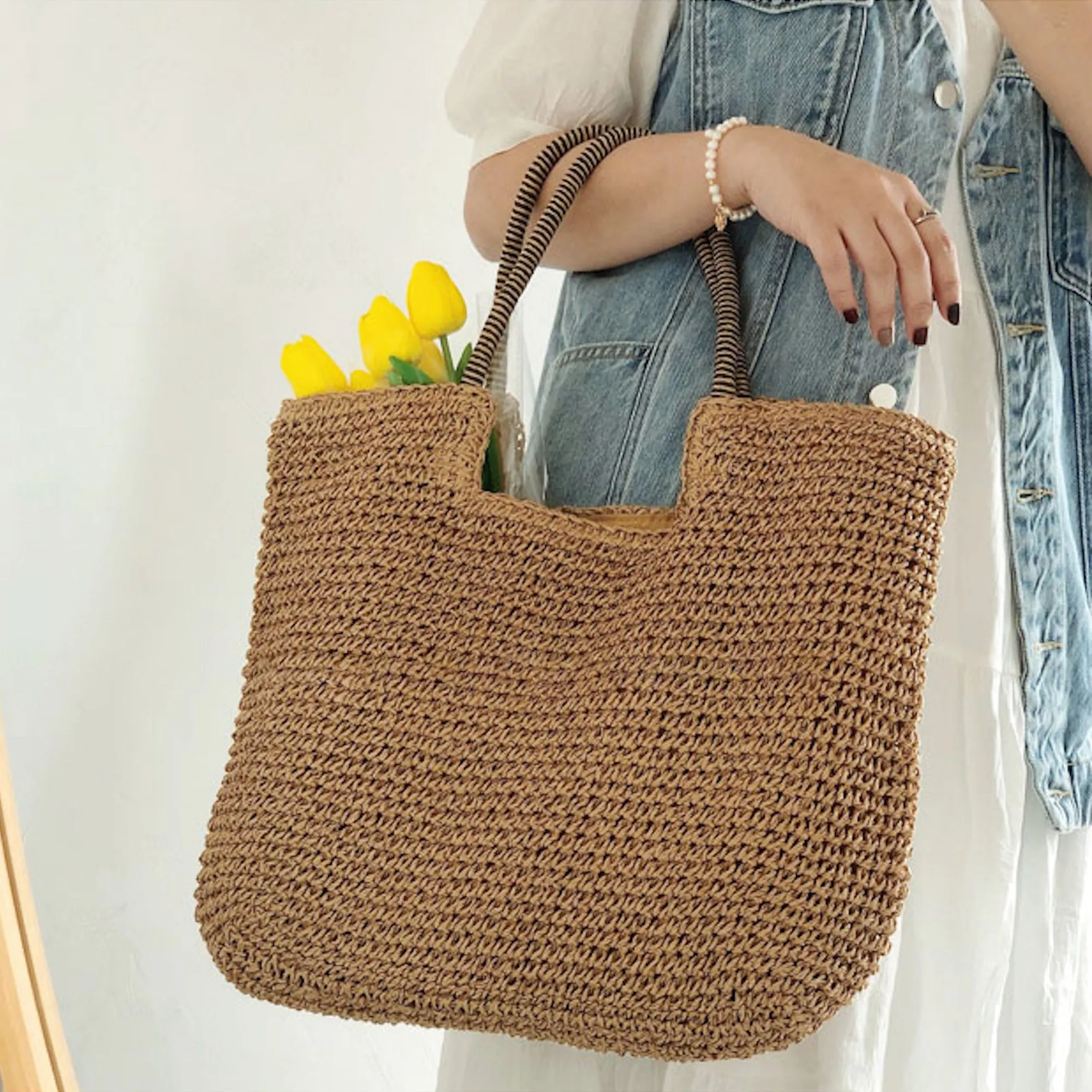 Elena Handbags Beach Straw Woven Tote Bag