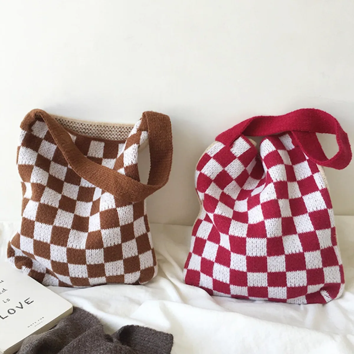 Elena Handbags Checkered Cotton Knitted Shoulder Bag