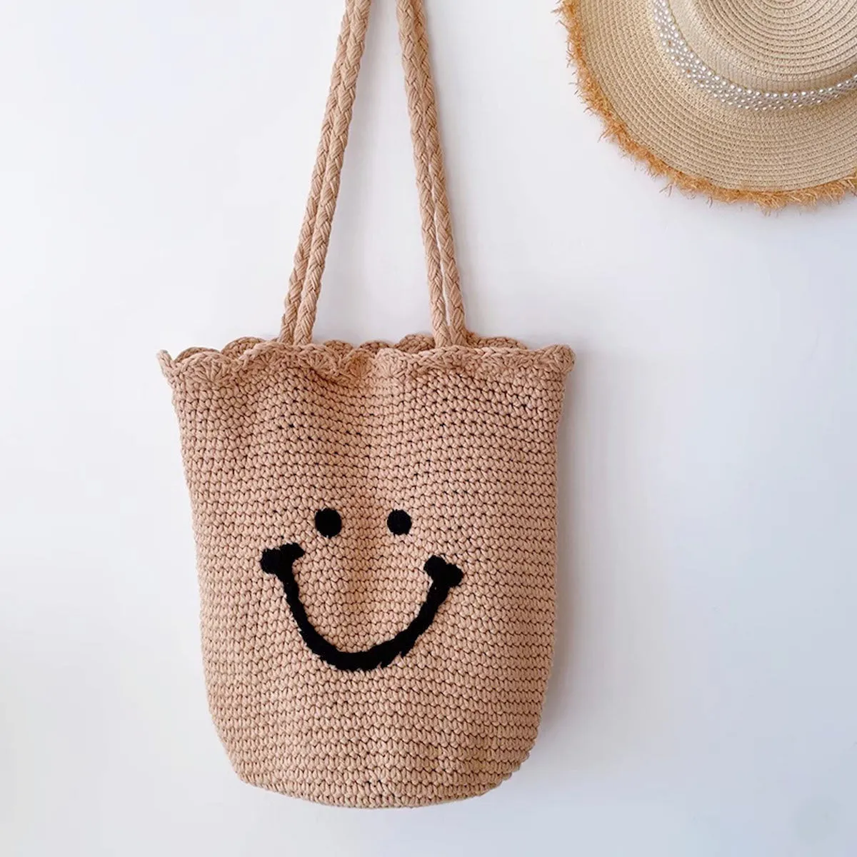 Elena Handbags Cotton Knit Smiley Face Shoulder Bag