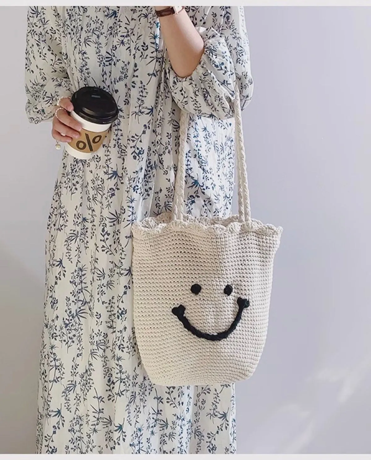 Elena Handbags Cotton Knit Smiley Face Shoulder Bag