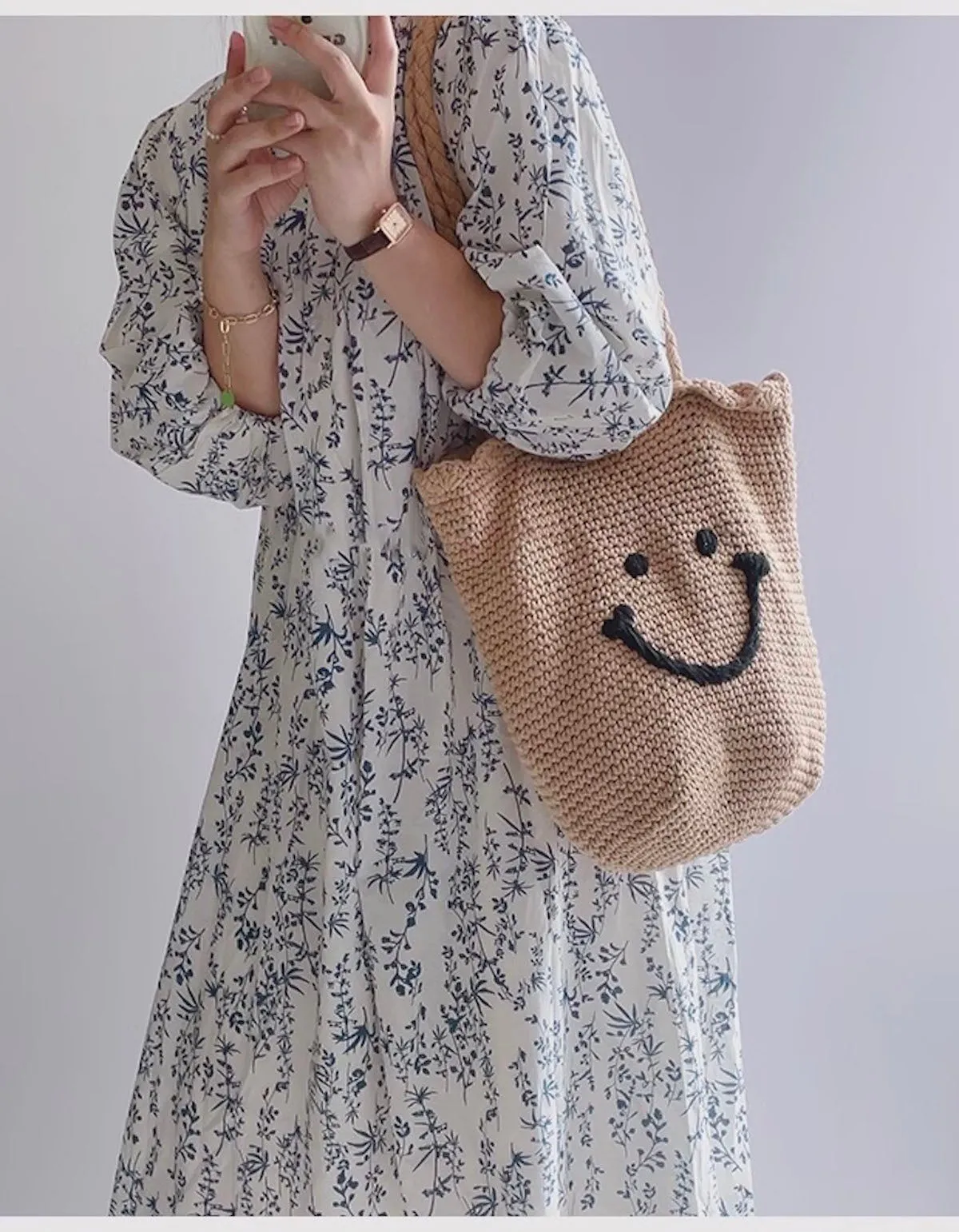 Elena Handbags Cotton Knit Smiley Face Shoulder Bag