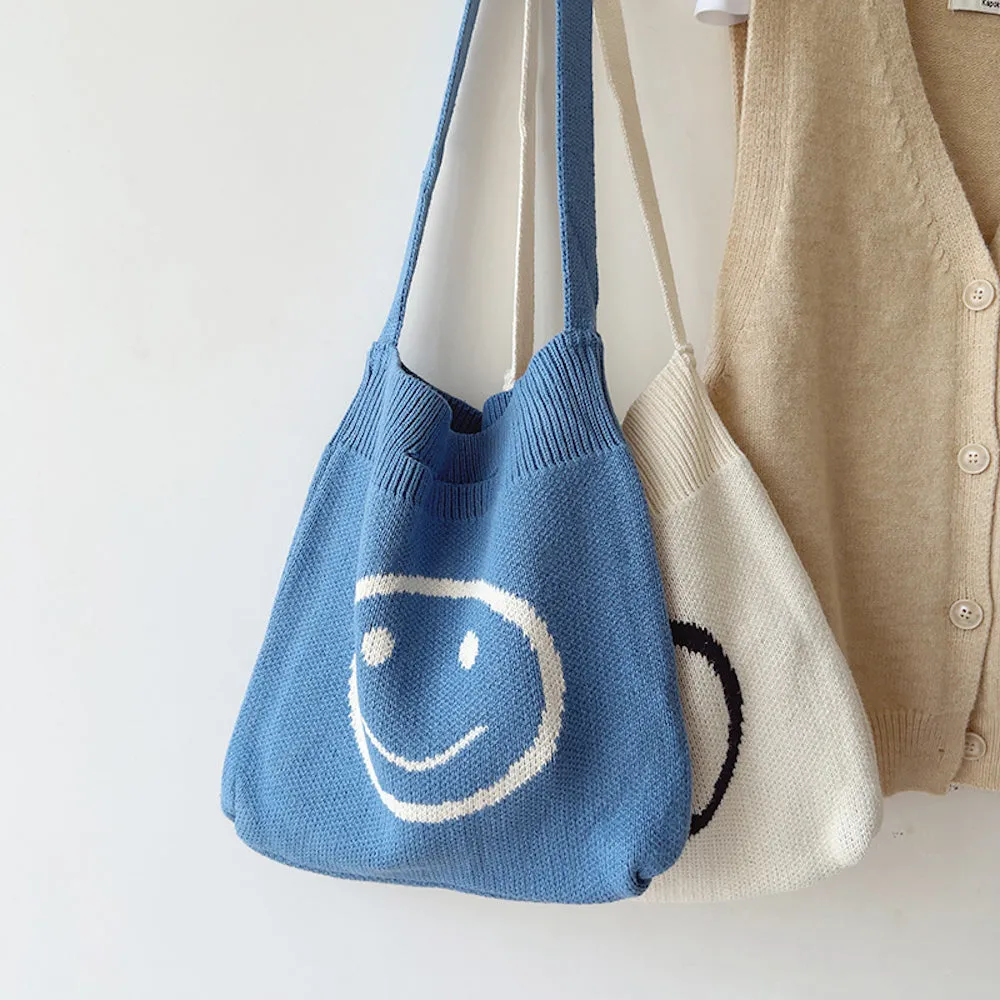 Elena Handbags Cotton Knitted Shoulder Bag with Smiley Face