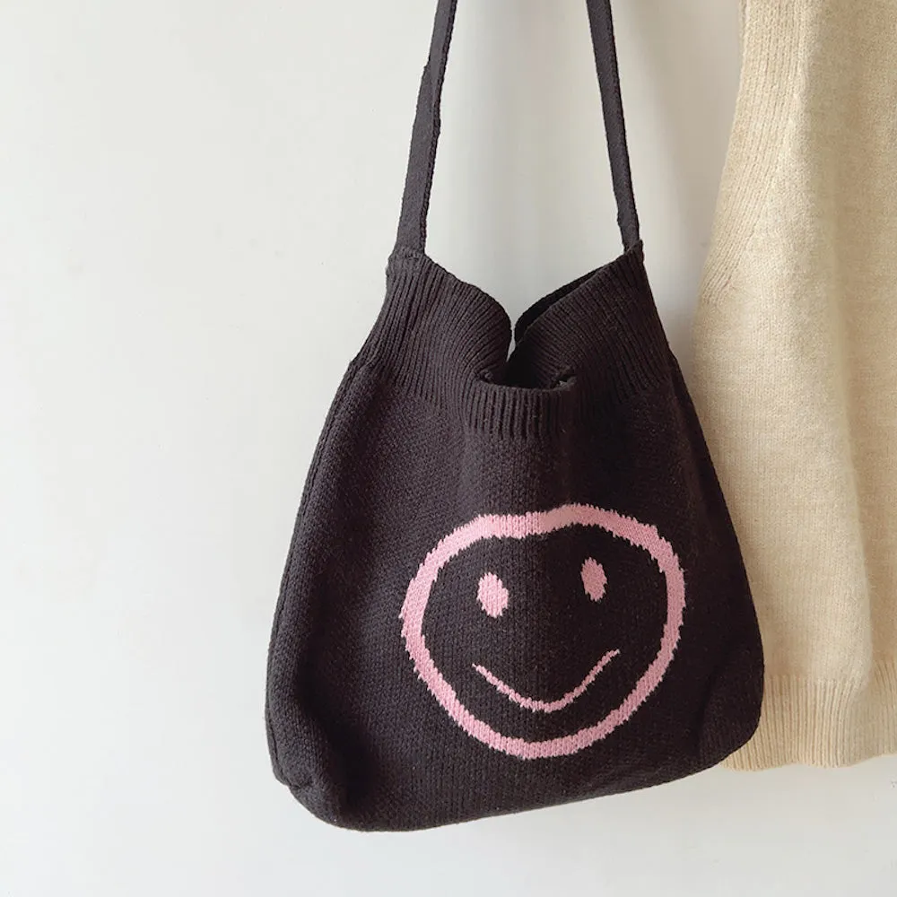 Elena Handbags Cotton Knitted Shoulder Bag with Smiley Face