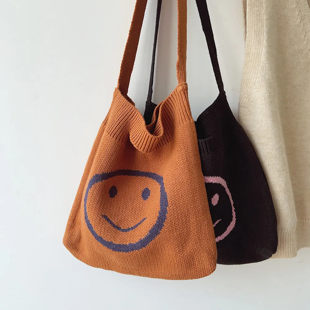 Elena Handbags Cotton Knitted Shoulder Bag with Smiley Face