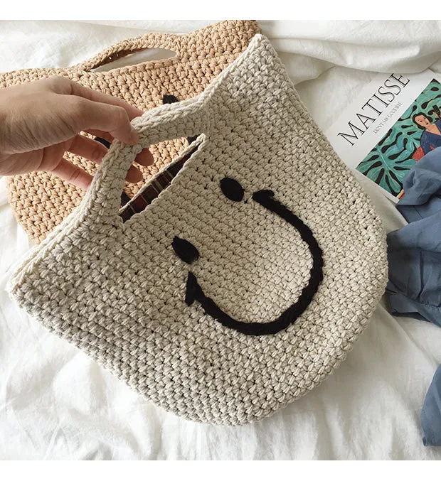 Elena Handbags Cotton Knitted Smiley Face Bag