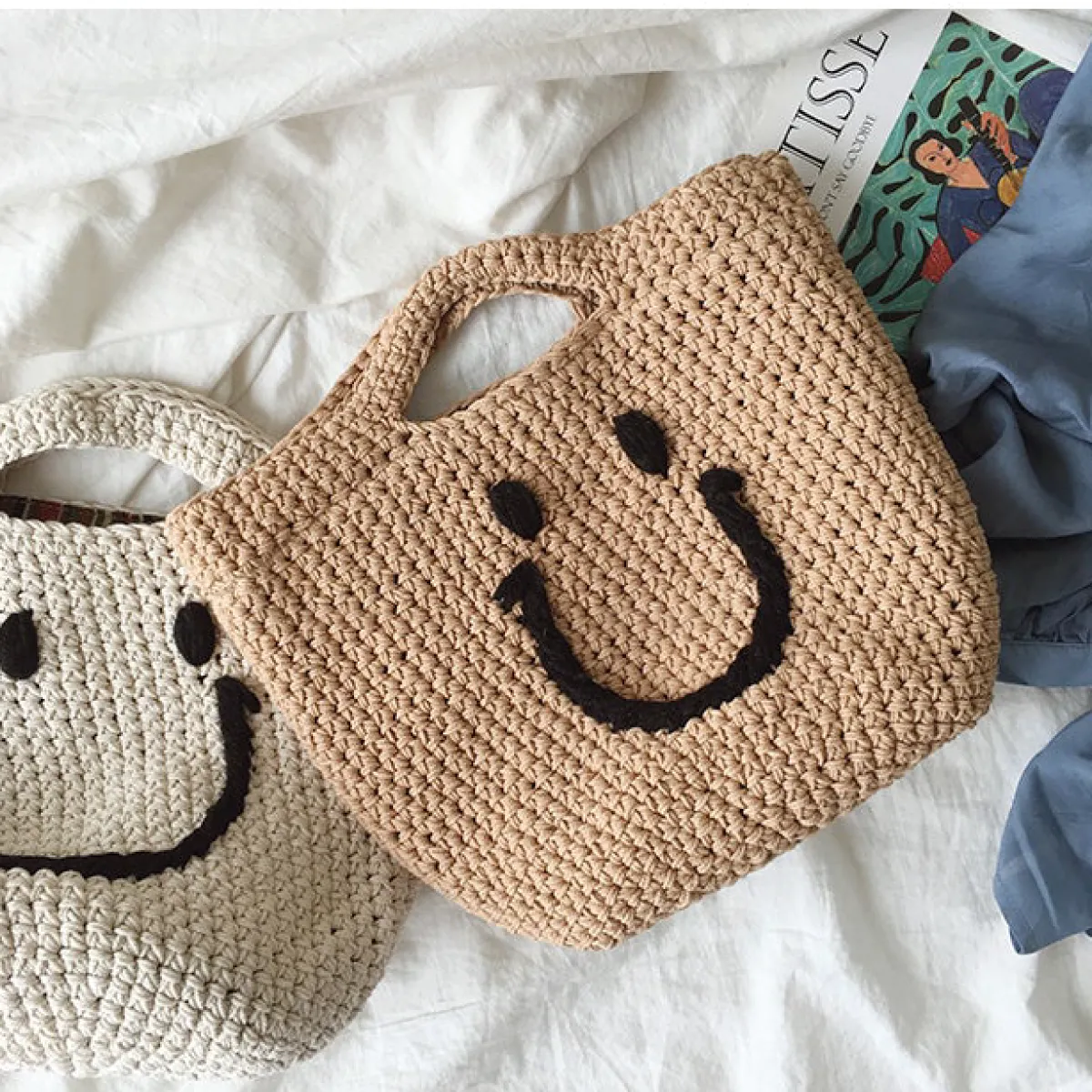 Elena Handbags Cotton Knitted Smiley Face Bag