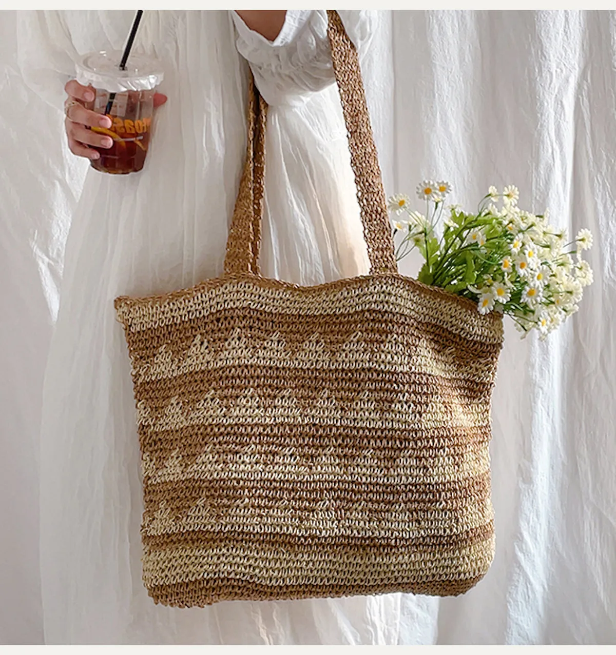 Elena Handbags Patterned Straw Woven Tote Shoulder Bag