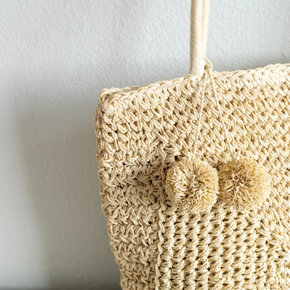 Elena Handbags Patterned Straw Woven Tote with Pom Pom