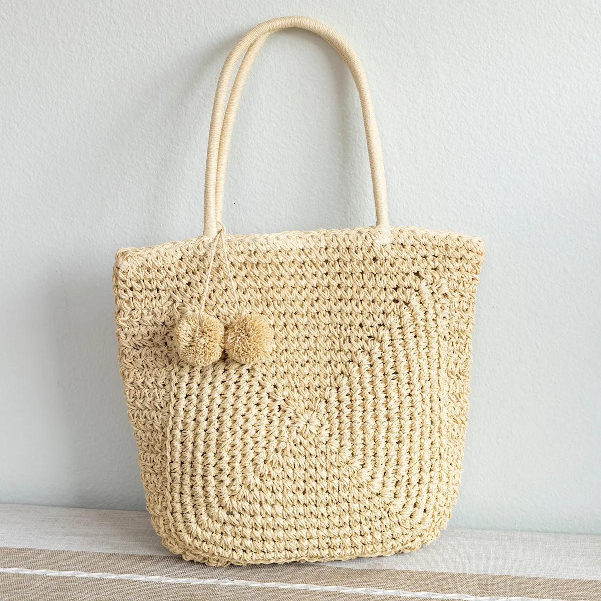 Elena Handbags Patterned Straw Woven Tote with Pom Pom