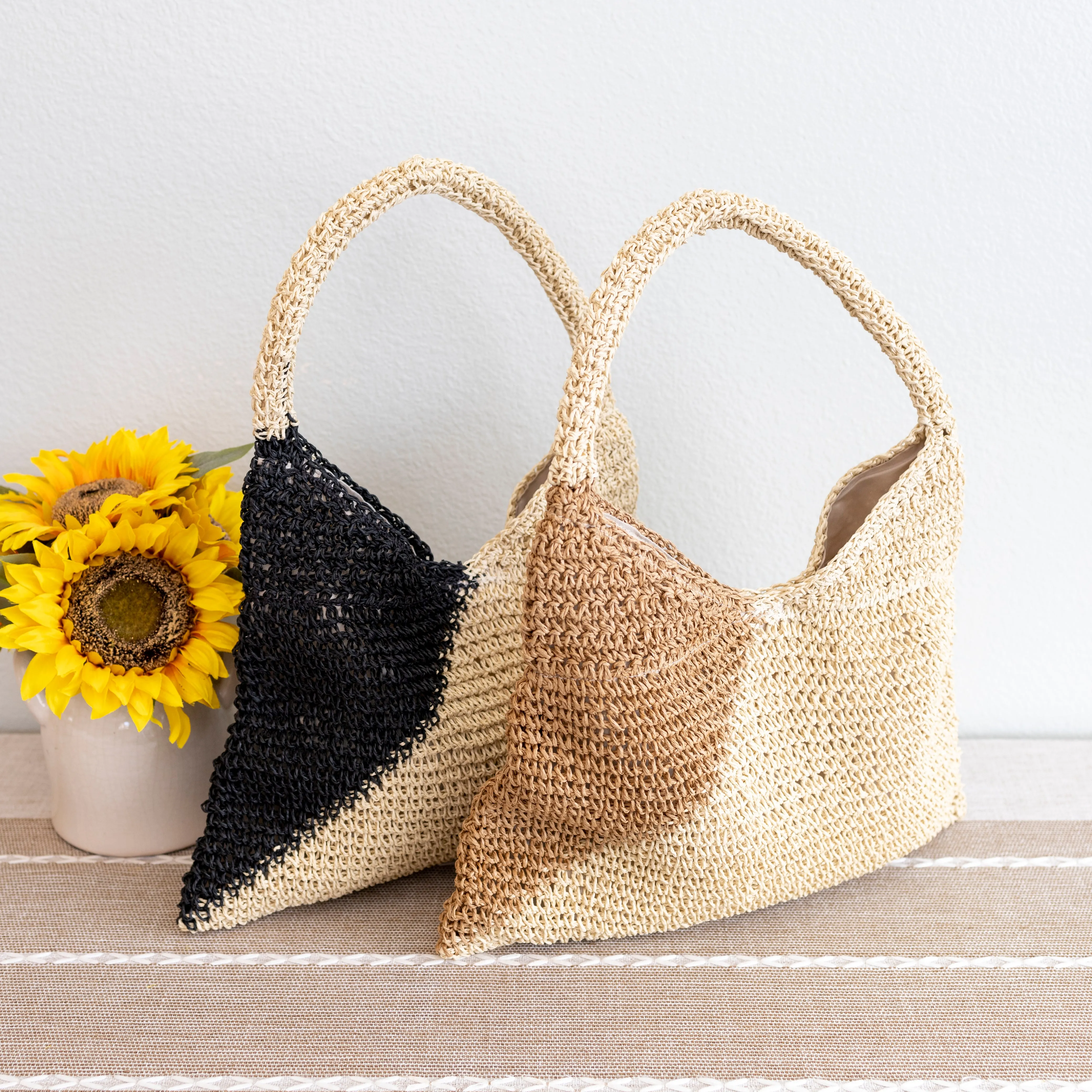 Elena Handbags Summer Boho Simple Two-Tone Straw Shoulder Bag