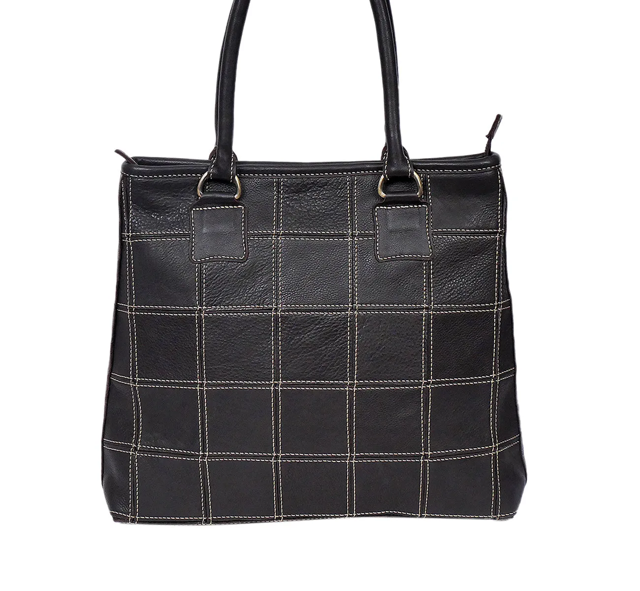 Elevate Your Style with our Black Leather Tote Bag - Classic Elegance with White Stitching.  Art: BG-1480