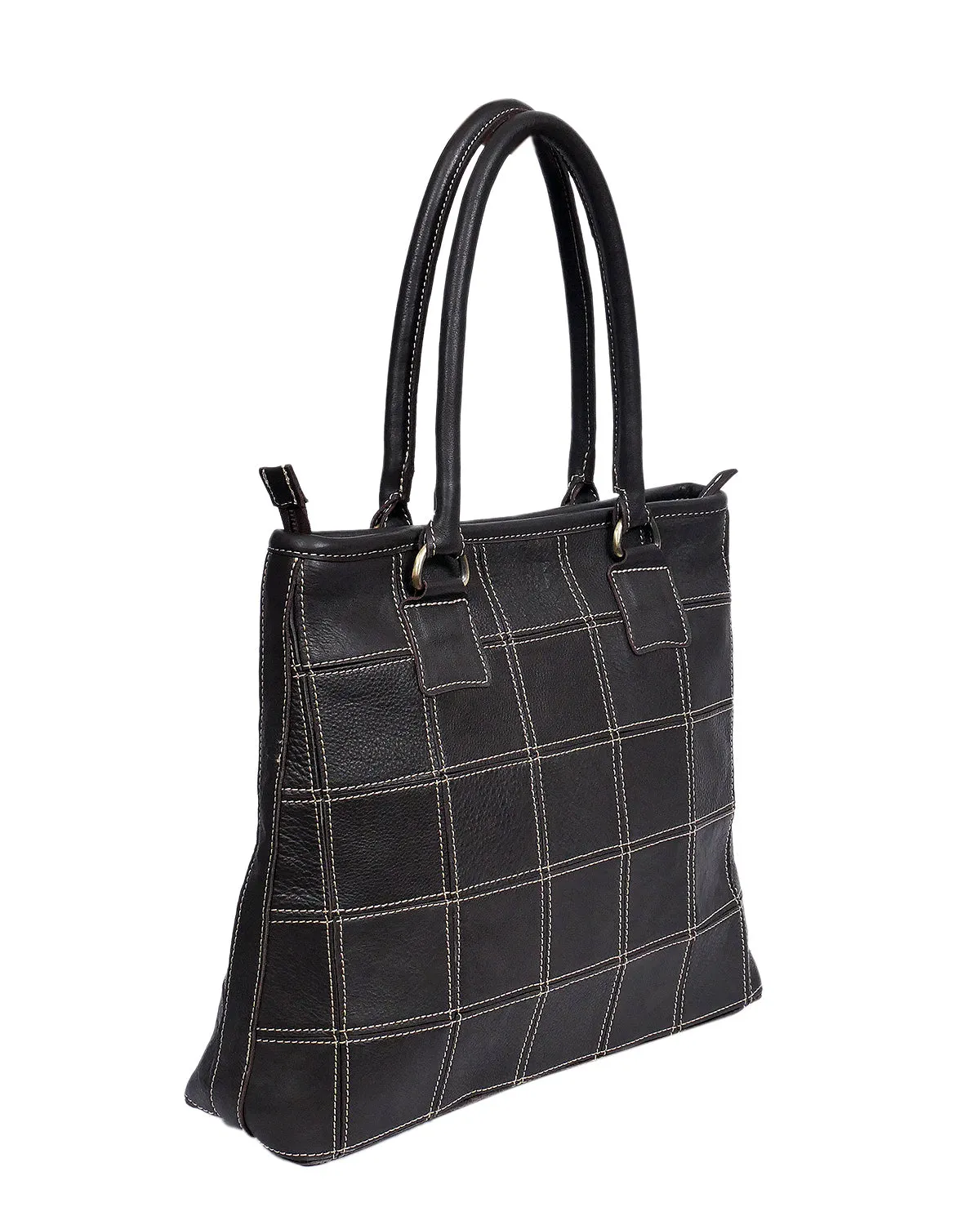 Elevate Your Style with our Black Leather Tote Bag - Classic Elegance with White Stitching.  Art: BG-1480