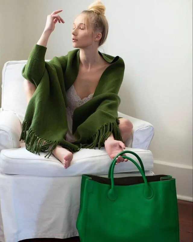 Envy Green Large Leather Tote Bag, Cowhide Leather Bag, Lady Fashion Bag, Leather Weekend Bag, Women Carry Out Bag, Designer Bag, Gift