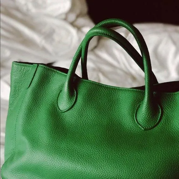 Envy Green Large Leather Tote Bag, Cowhide Leather Bag, Lady Fashion Bag, Leather Weekend Bag, Women Carry Out Bag, Designer Bag, Gift