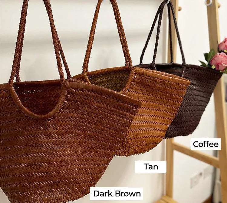 Fan-shaped Italy Leather interwoven Hobo Tote Bag, Full Grain Leather Triple Bamboo Bag, Summer Beach Bag, Handcrafted Designer Basket Bag