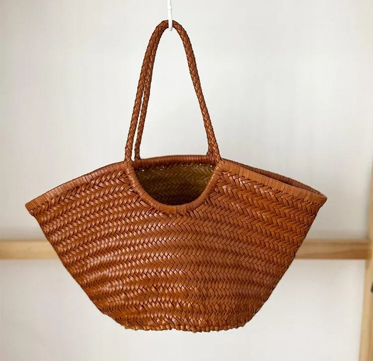 Fan-shaped Italy Leather interwoven Hobo Tote Bag, Full Grain Leather Triple Bamboo Bag, Summer Beach Bag, Handcrafted Designer Basket Bag