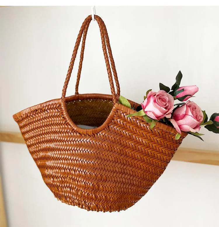 Fan-shaped Italy Leather interwoven Hobo Tote Bag, Full Grain Leather Triple Bamboo Bag, Summer Beach Bag, Handcrafted Designer Basket Bag