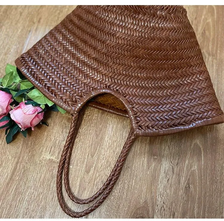 Fan-shaped Italy Leather interwoven Hobo Tote Bag, Full Grain Leather Triple Bamboo Bag, Summer Beach Bag, Handcrafted Designer Basket Bag