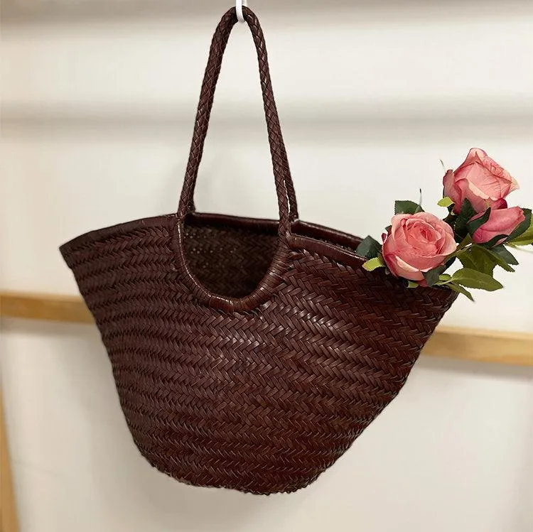 Fan-shaped Italy Leather interwoven Hobo Tote Bag, Full Grain Leather Triple Bamboo Bag, Summer Beach Bag, Handcrafted Designer Basket Bag