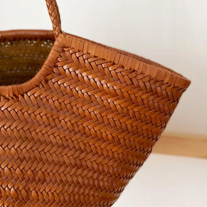 Fan-shaped Italy Leather interwoven Hobo Tote Bag, Full Grain Leather Triple Bamboo Bag, Summer Beach Bag, Handcrafted Designer Basket Bag