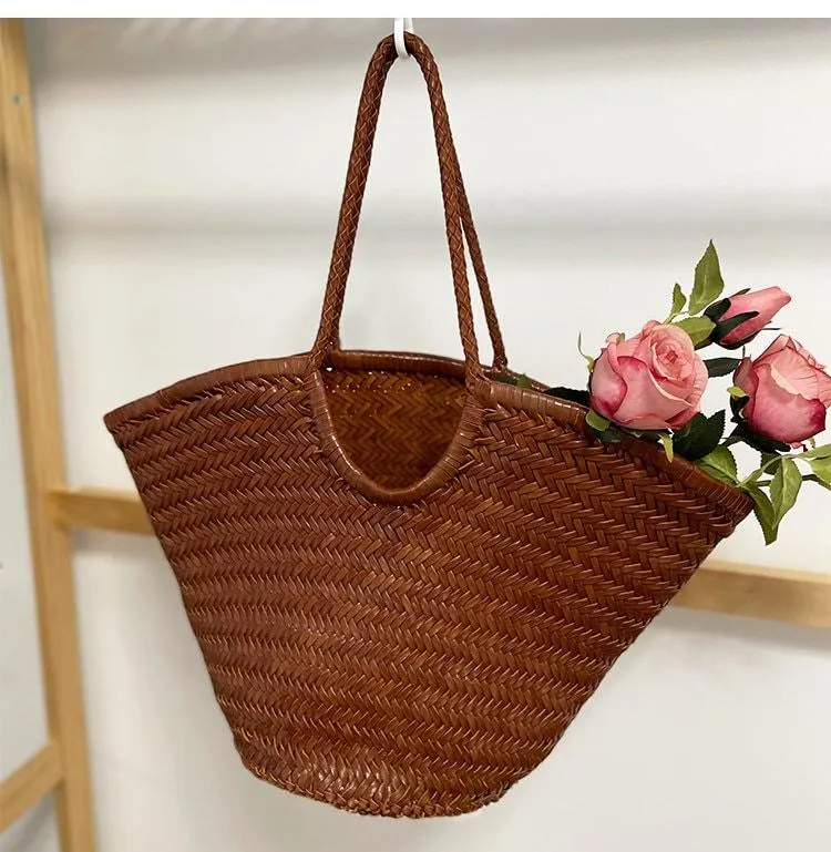 Fan-shaped Italy Leather interwoven Hobo Tote Bag, Full Grain Leather Triple Bamboo Bag, Summer Beach Bag, Handcrafted Designer Basket Bag