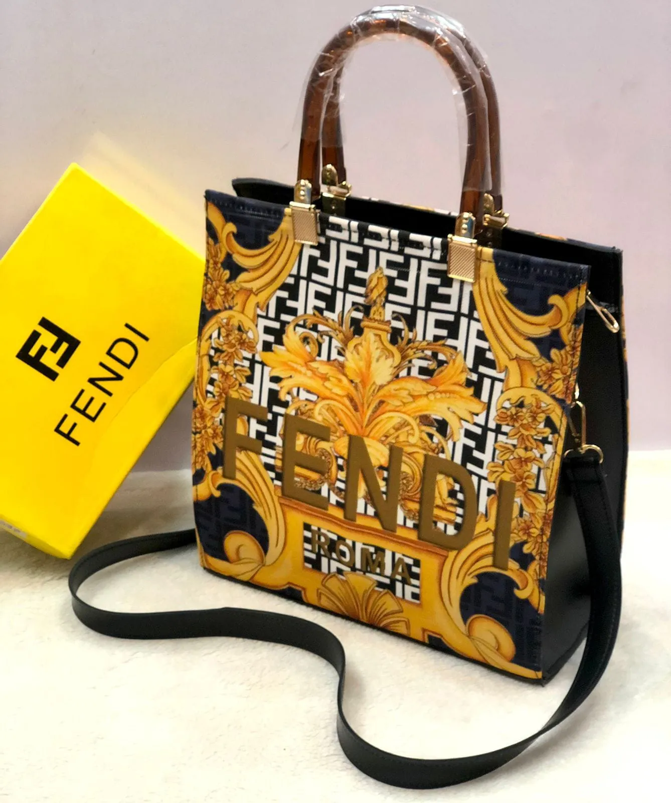 Fendi Roma Ladies Handbag - New Arrival - Masterpiece (Yellow / Black)