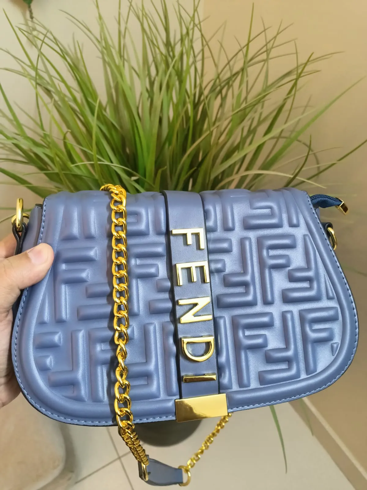 Fendi Women's Bag with Half Belt and Half Chain (Blue)