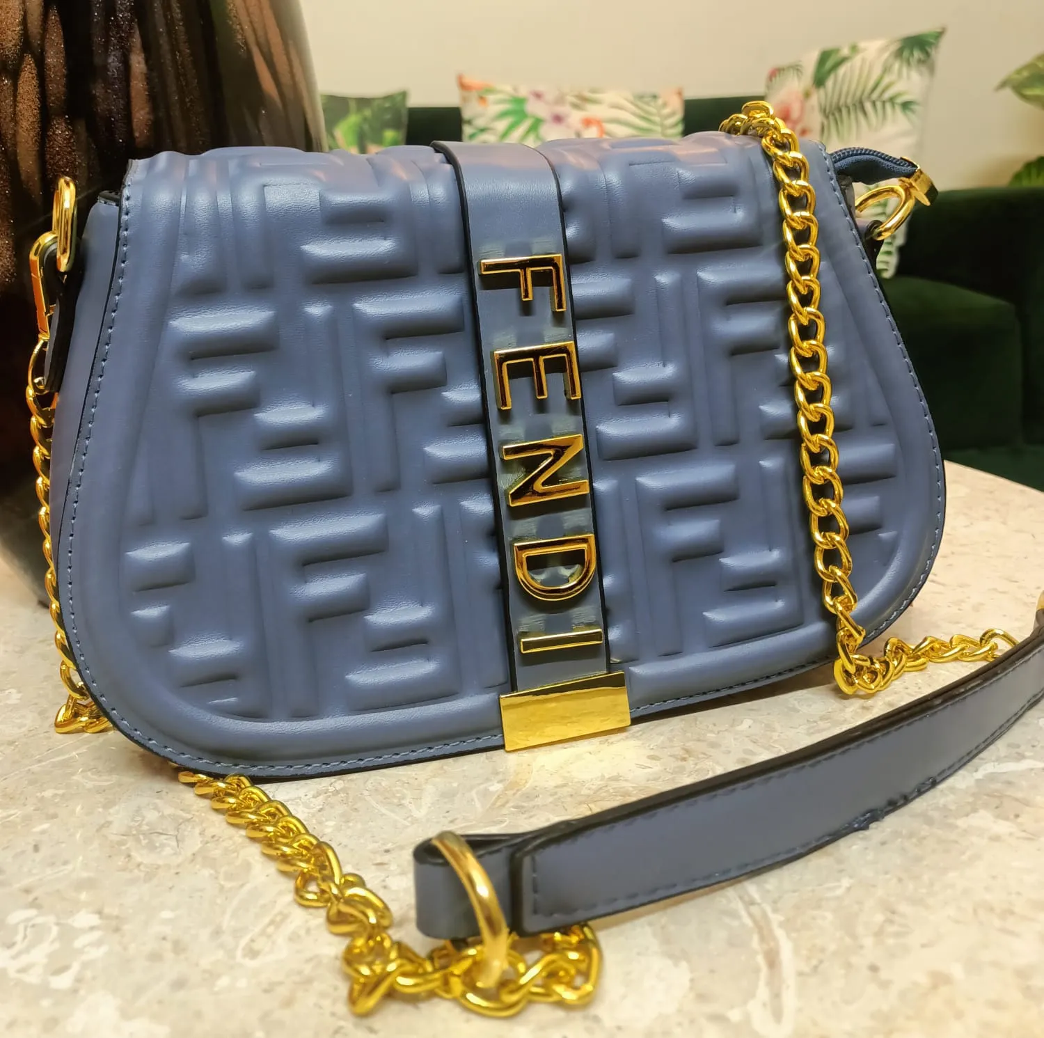 Fendi Women's Bag with Half Belt and Half Chain (Blue)