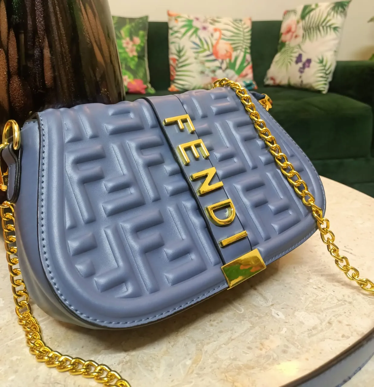 Fendi Women's Bag with Half Belt and Half Chain (Blue)