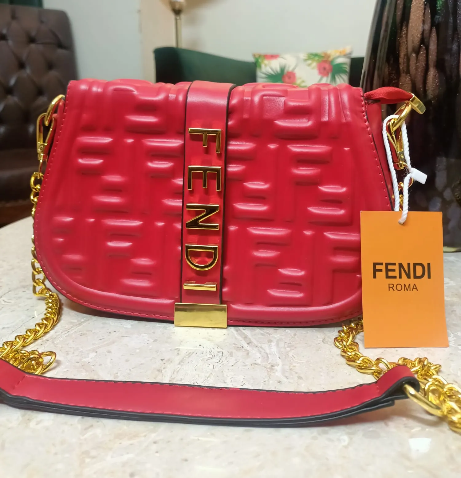 Fendi Women's Bag with Half Belt and Half Chain (Red)