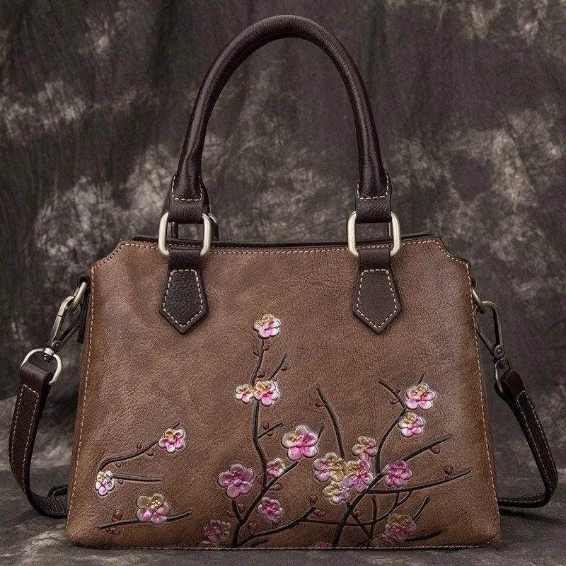 Floral Embroidery Cowhide Leather Shoulder Bag, Handcrafted Leather Crossbody Bag, Fashion Hand-carved Flowers Leather Bag