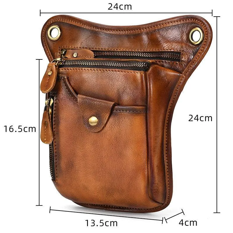 Full Grain Leather Leg Bag Foraging Pouch Leather Motorcycle Waist Bag, Male Knight Bull Head Bag, Crazy Horse Leather Bag for Men Women