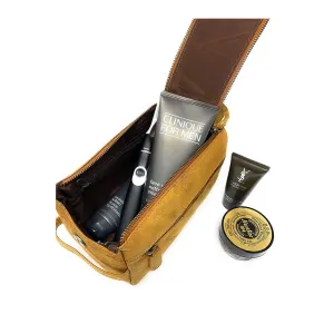 Unisex Genuine Buffalo Leather Toiletry Bag - Distressed Yellow Tan Travel Dopp Kit